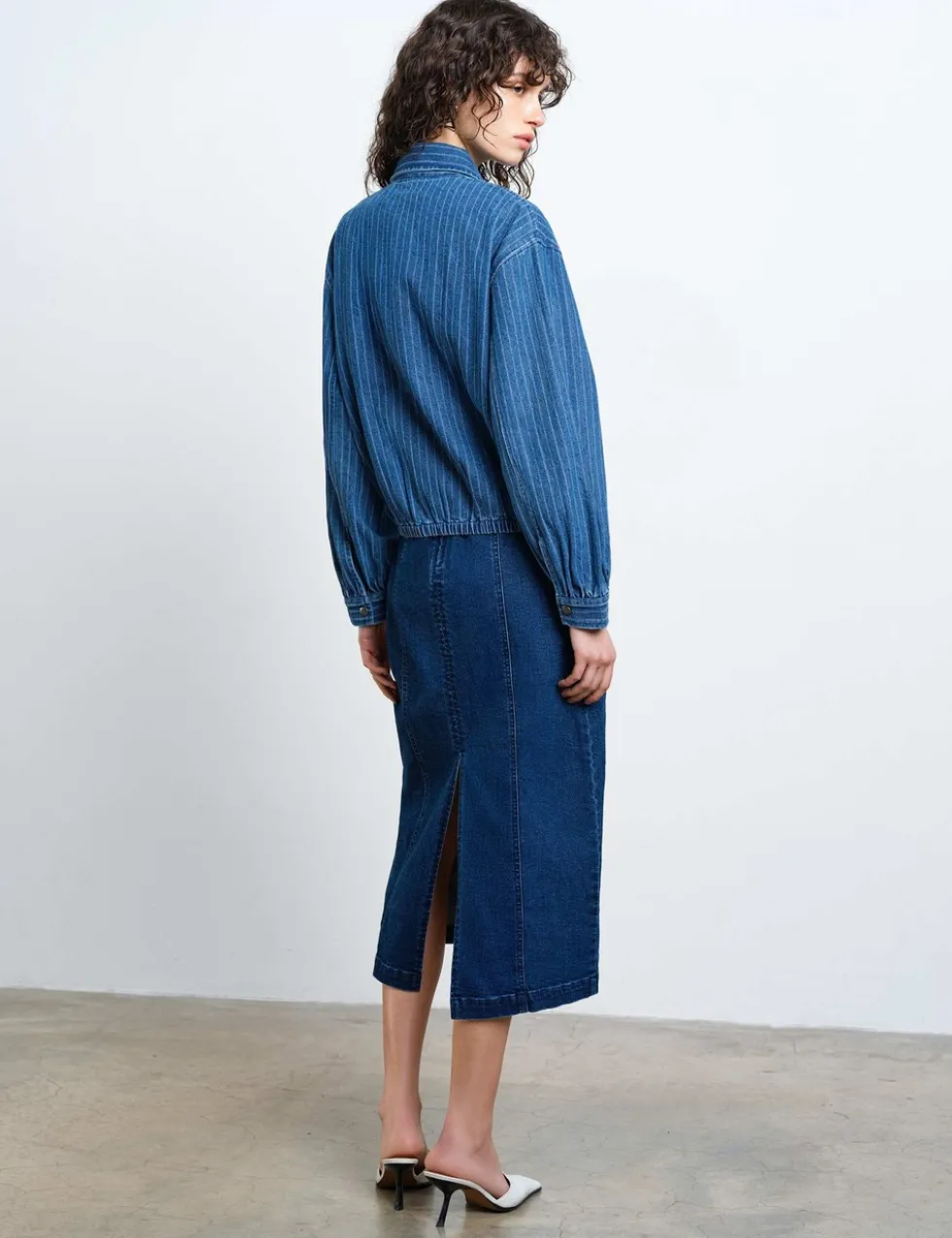Denim Pinstriped Bomber Jacket