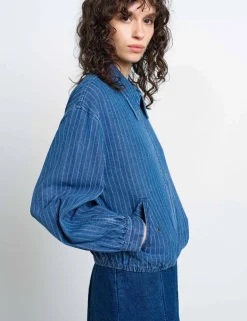 Denim Pinstriped Bomber Jacket