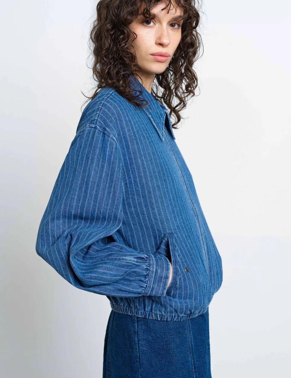 Denim Pinstriped Bomber Jacket