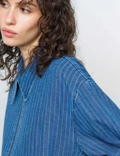 Denim Pinstriped Bomber Jacket