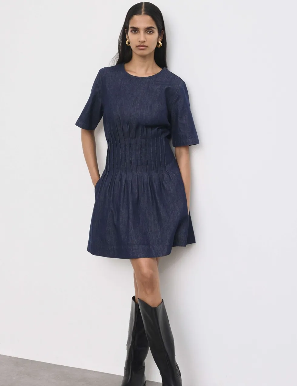 Denim Pintuck Mini Skater Dress