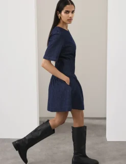Denim Pintuck Mini Skater Dress