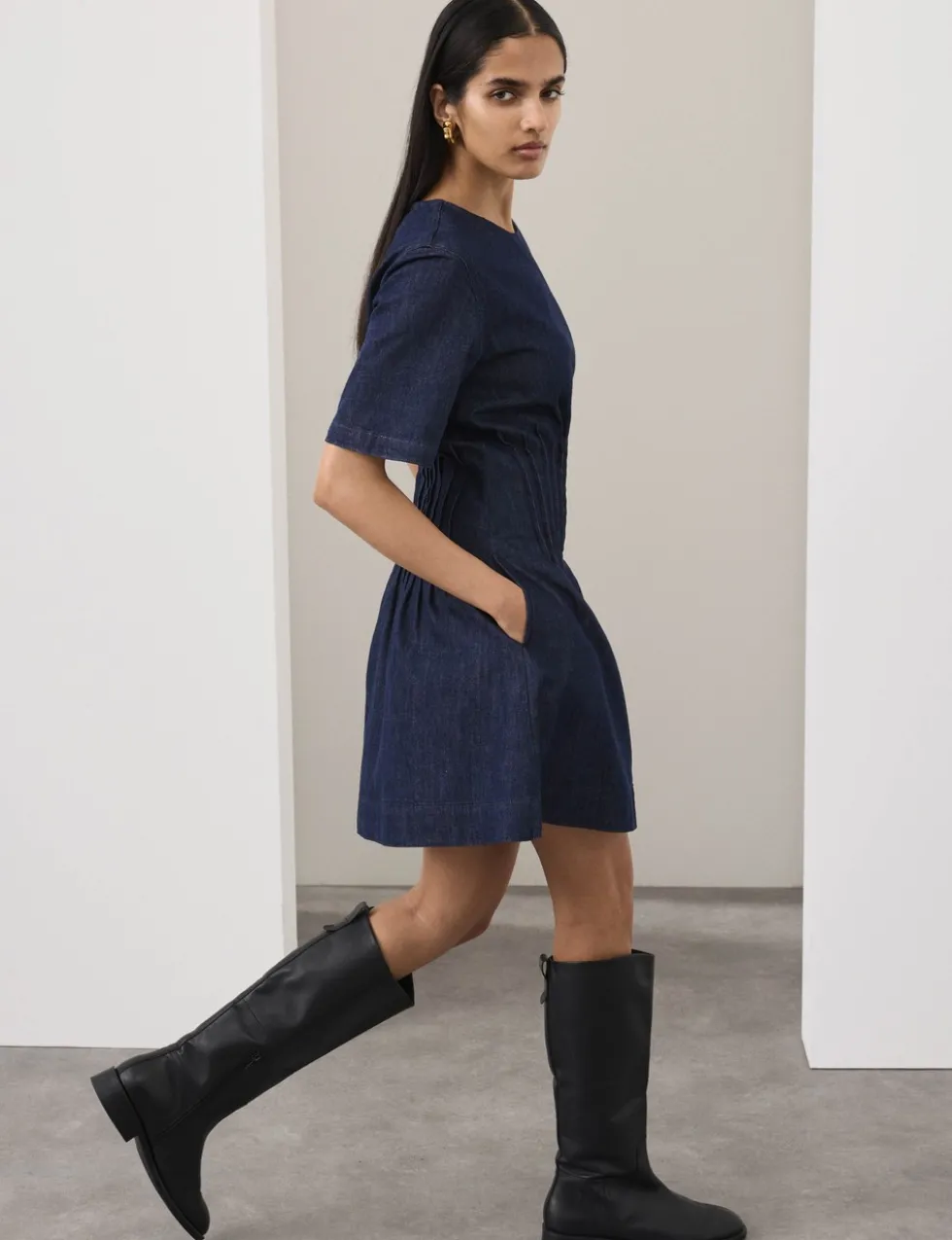 Denim Pintuck Mini Skater Dress