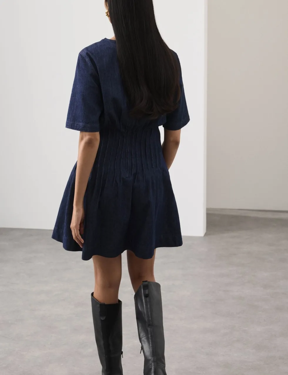 Denim Pintuck Mini Skater Dress