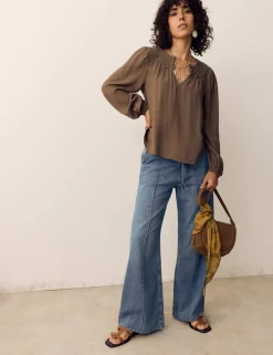 Denim Pintuck Wide Leg Jeans