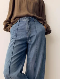 Denim Pintuck Wide Leg Jeans