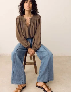 Denim Pintuck Wide Leg Jeans