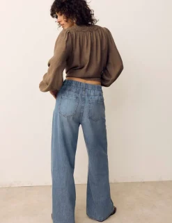 Denim Pintuck Wide Leg Jeans