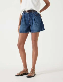 Denim Pleat Front Shorts