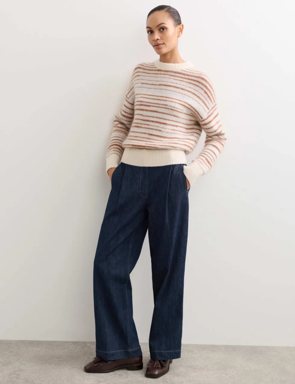Denim Pleat Front Wide Leg Trousers