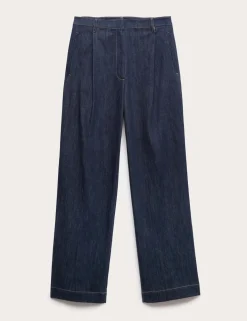 Denim Pleat Front Wide Leg Trousers