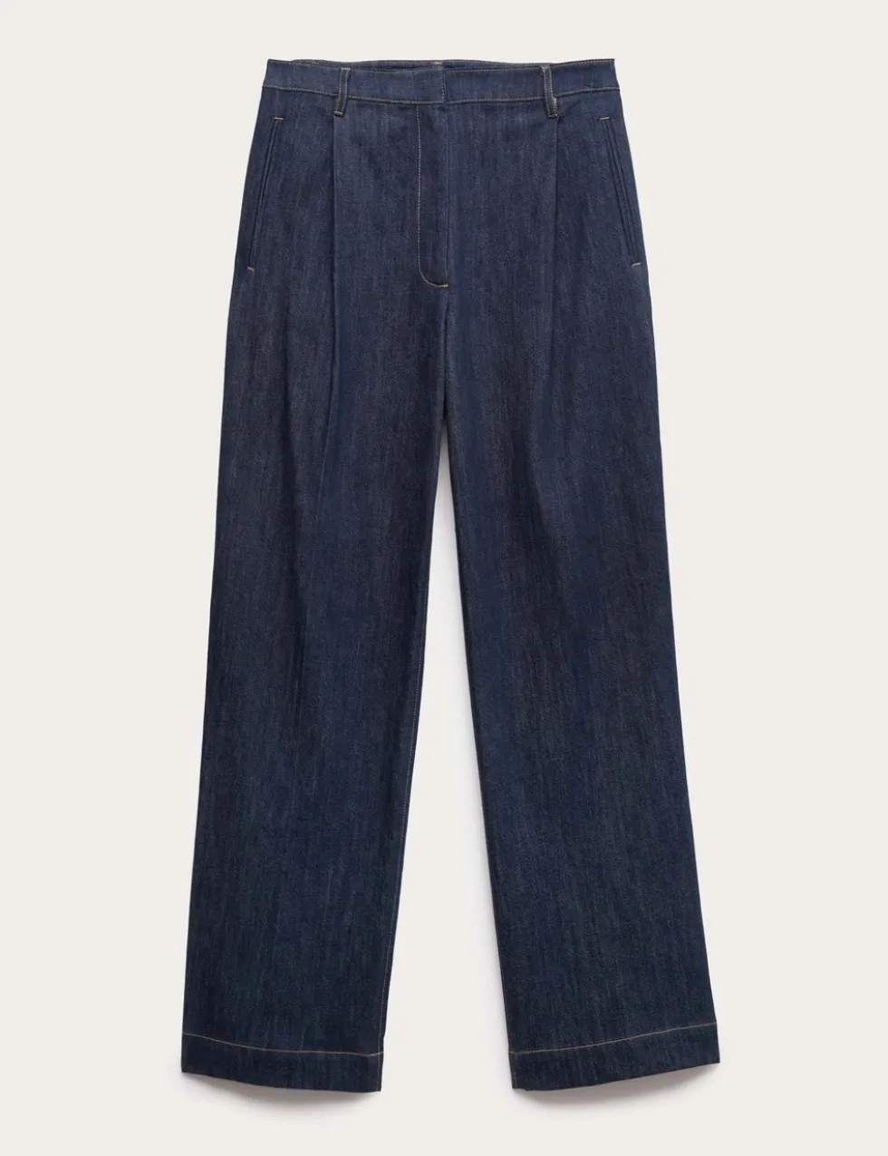 Denim Pleat Front Wide Leg Trousers