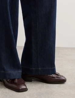 Denim Pleat Front Wide Leg Trousers