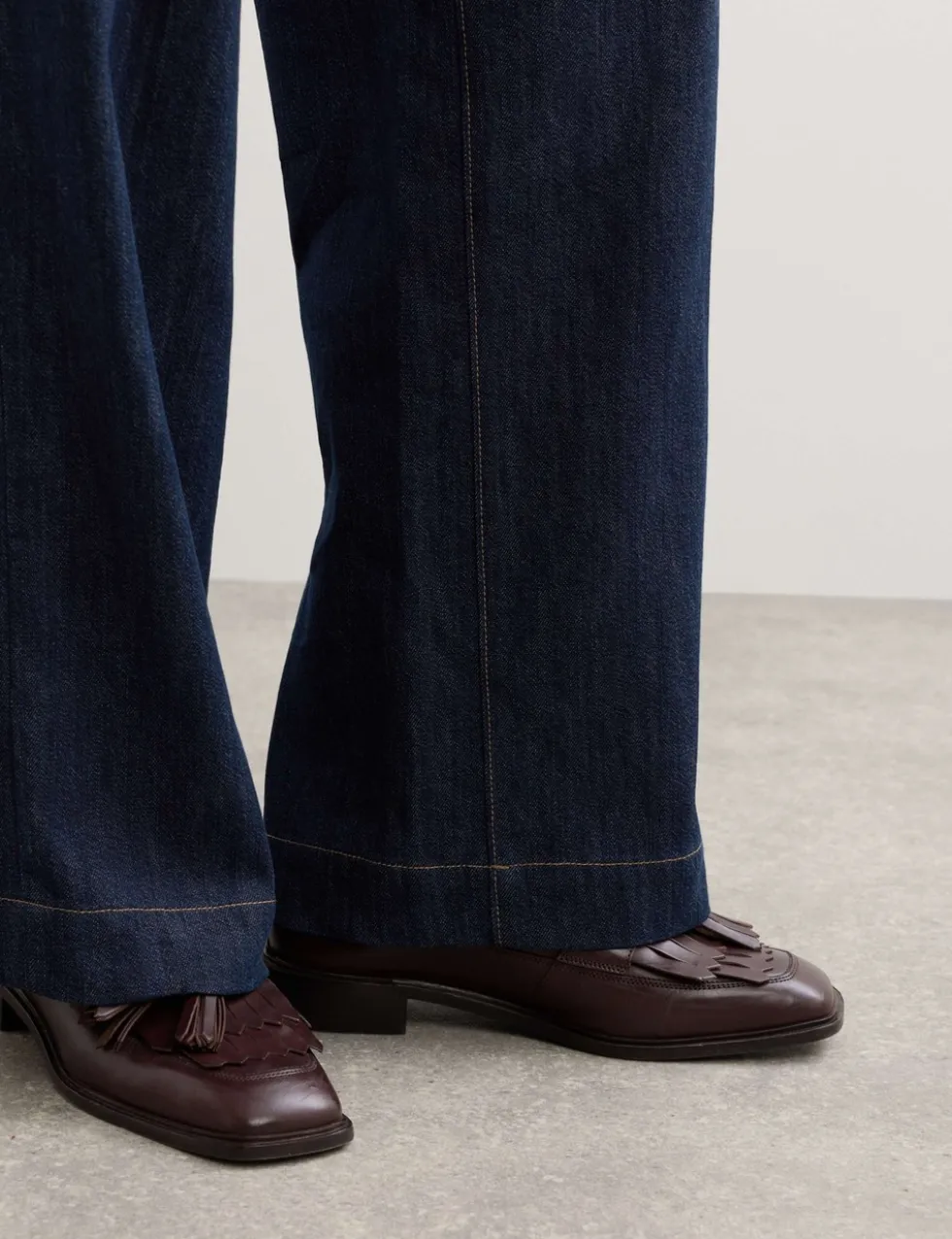 Denim Pleat Front Wide Leg Trousers