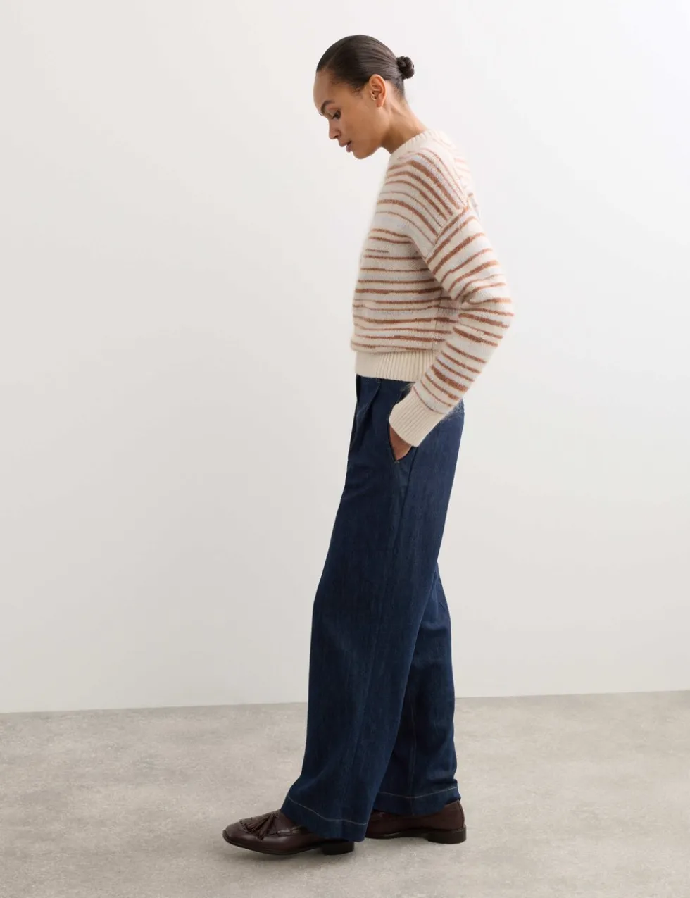 Denim Pleat Front Wide Leg Trousers