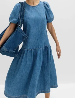 Denim Puff Sleeve Midi Drop Waist Dress