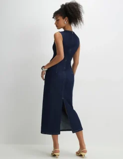 Denim Round Neck Midi Bodycon Dress