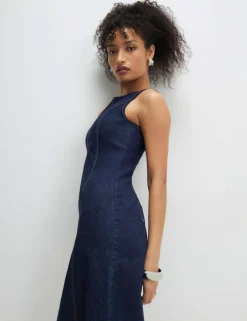 Denim Round Neck Midi Bodycon Dress