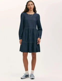 Denim Round Neck Midi Tiered Dress
