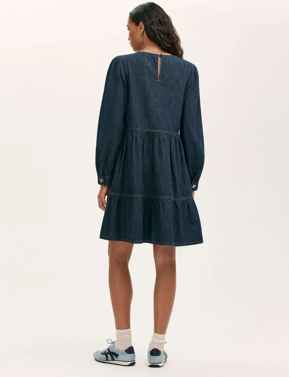 Denim Round Neck Midi Tiered Dress