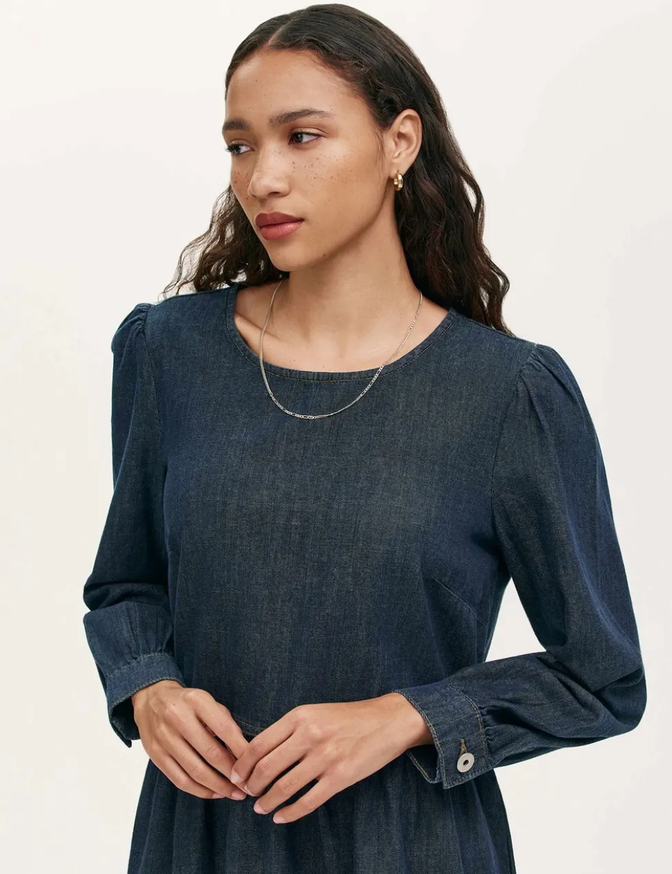Denim Round Neck Midi Tiered Dress
