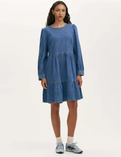 Denim Round Neck Midi Tiered Dress