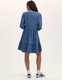 Denim Round Neck Midi Tiered Dress