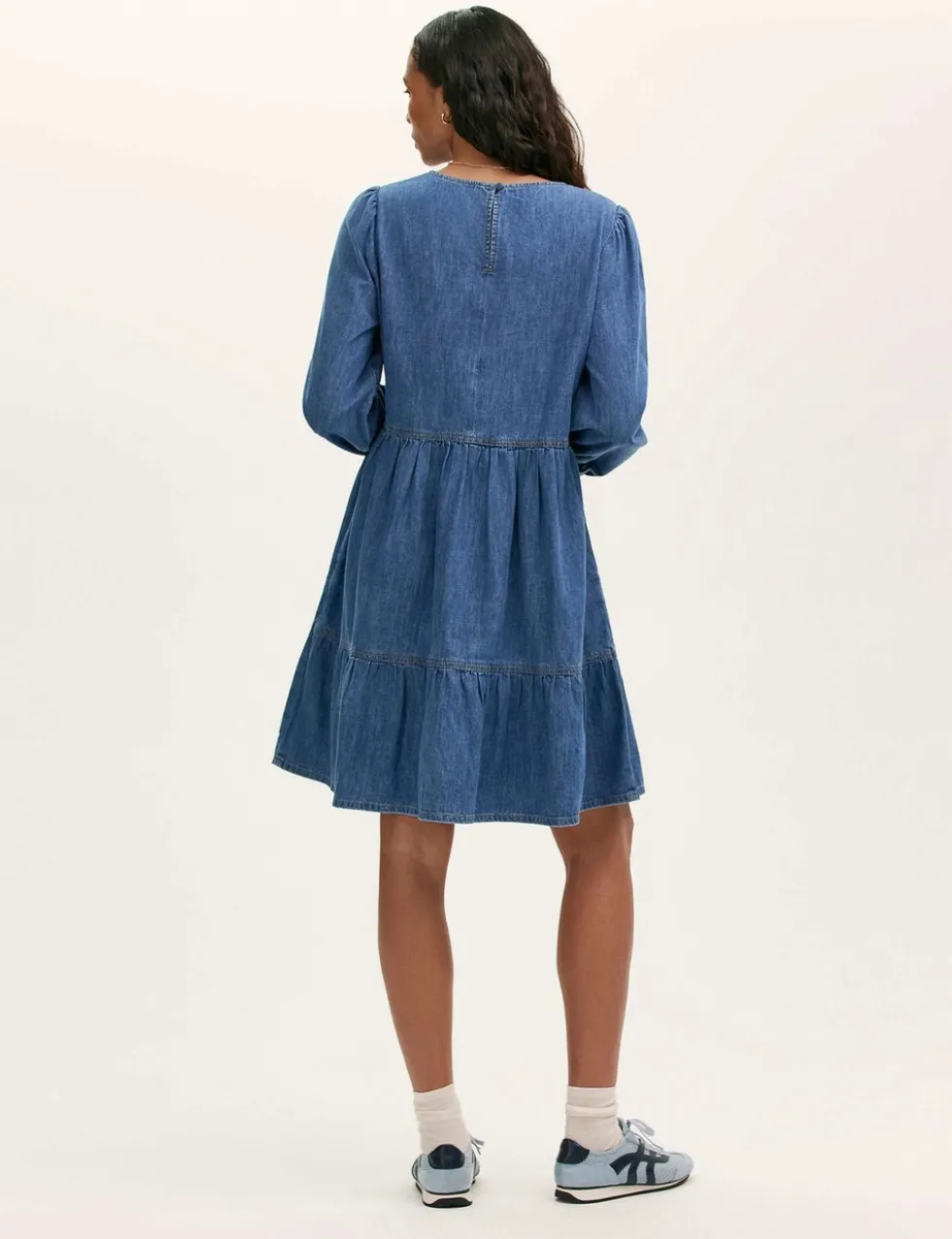 Denim Round Neck Midi Tiered Dress