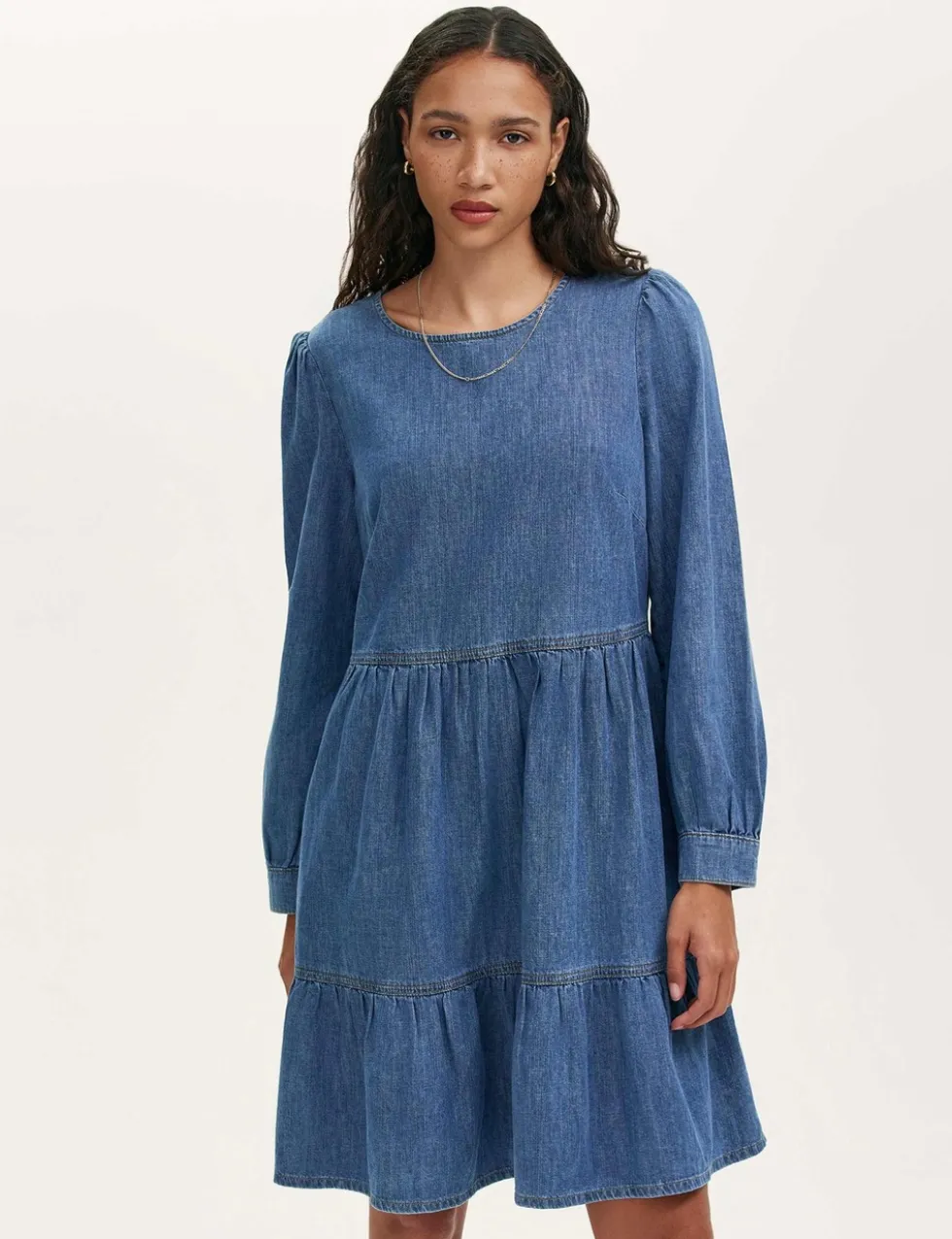 Denim Round Neck Midi Tiered Dress