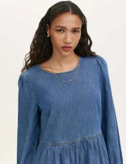 Denim Round Neck Midi Tiered Dress