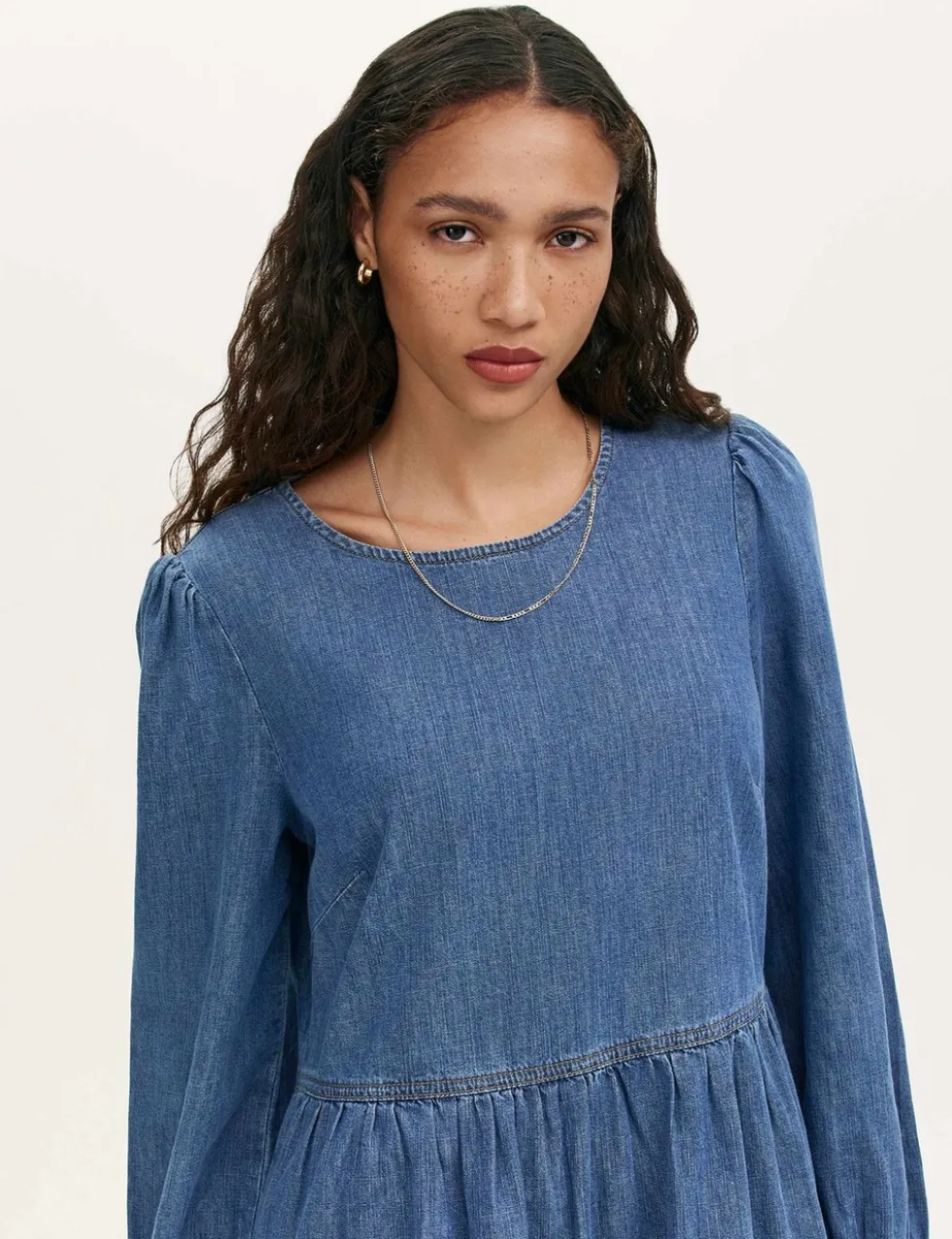 Denim Round Neck Midi Tiered Dress