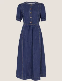 Denim Round Neck Midi Waisted Dress