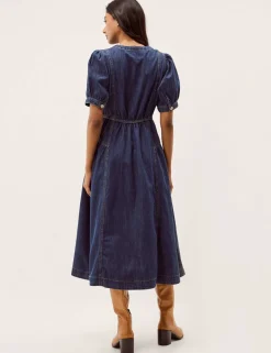 Denim Round Neck Midi Waisted Dress