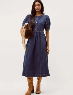 Denim Round Neck Midi Waisted Dress