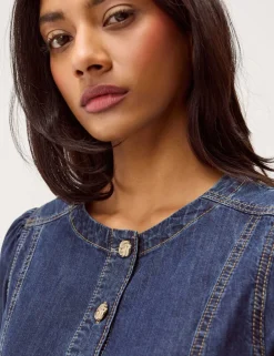 Denim Round Neck Midi Waisted Dress