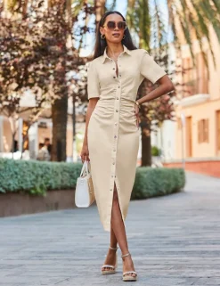 Denim Ruched Midi Shirt Dress