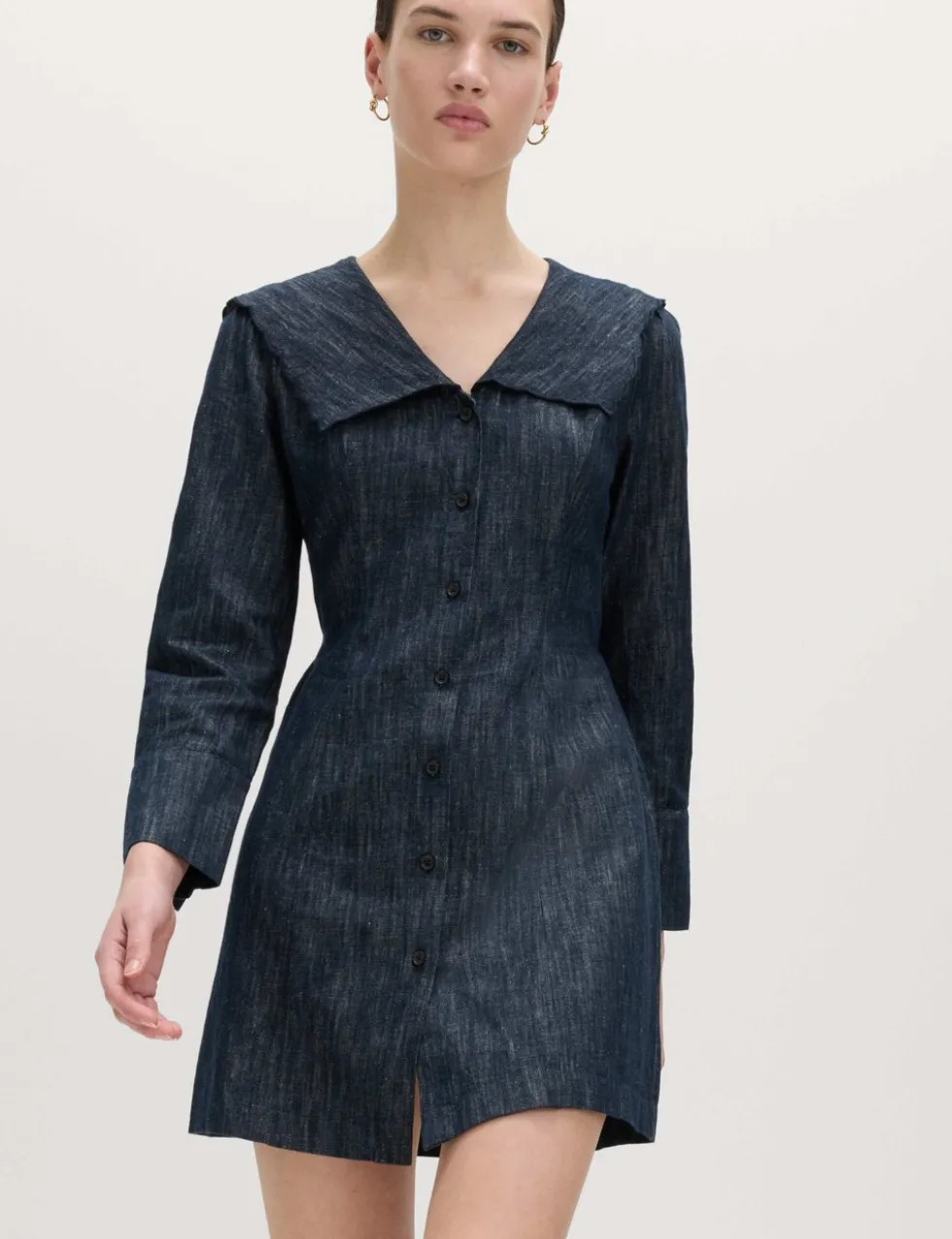 Denim Sailor Collar Mini Dress with Linen
