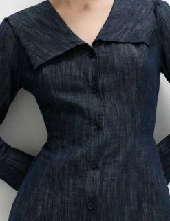 Denim Sailor Collar Mini Dress with Linen