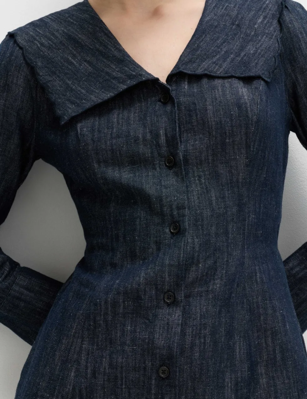 Denim Sailor Collar Mini Dress with Linen