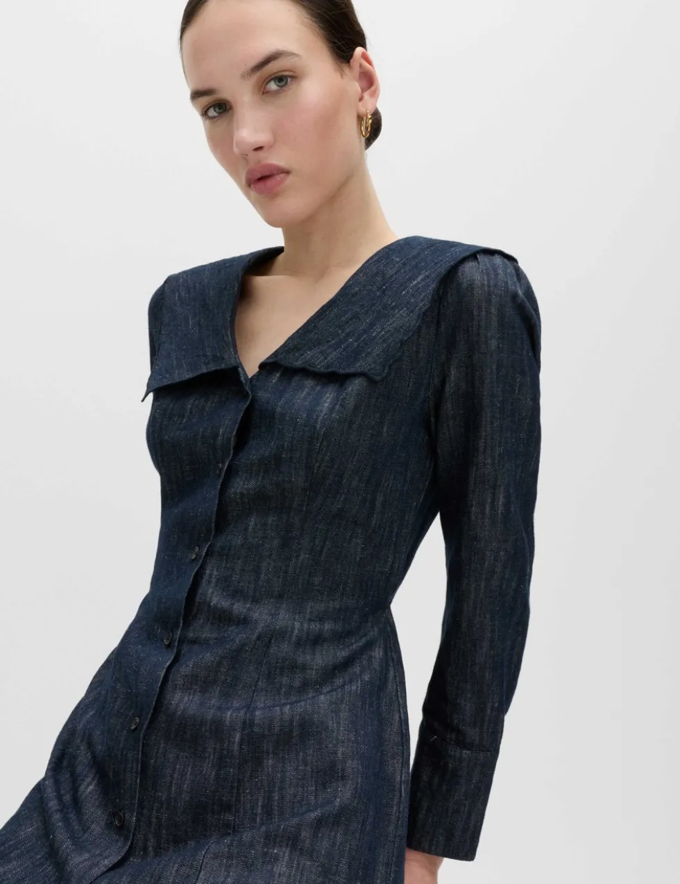 Denim Sailor Collar Mini Dress with Linen