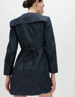 Denim Sailor Collar Mini Dress with Linen