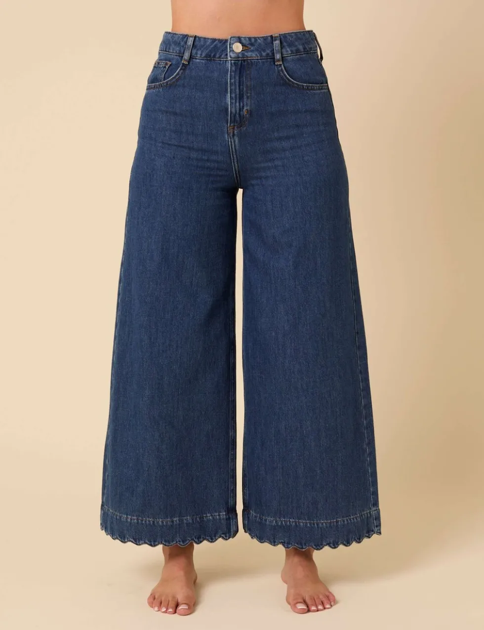 Denim Scalloped Cropped Palazzo Jeans
