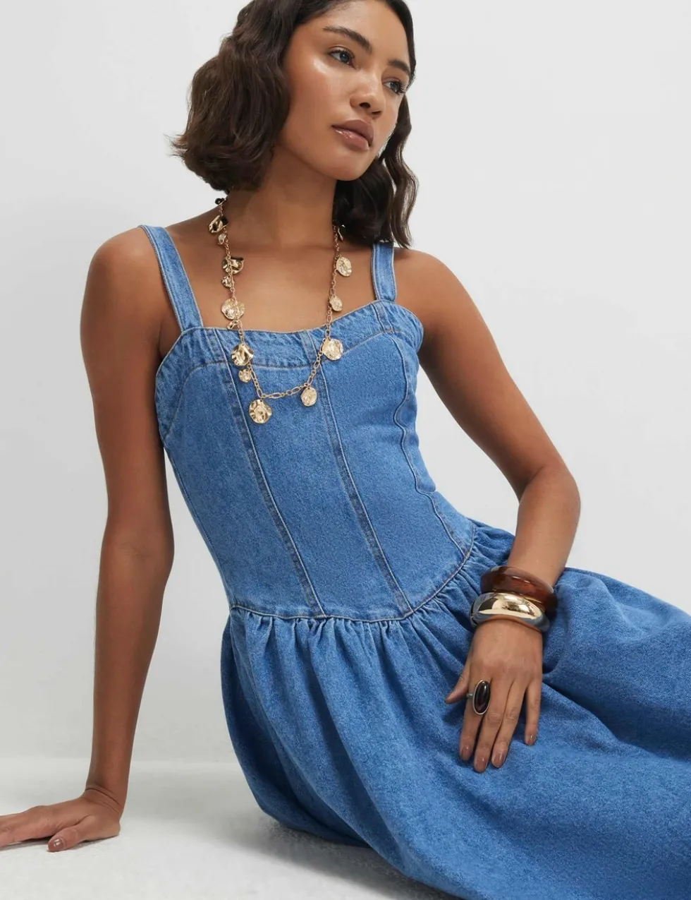 Denim Seamed Midi Swing Dress