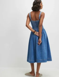 Denim Seamed Midi Swing Dress