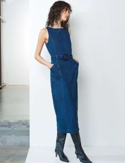 Denim Slash Neck Belted Midi Column Dress