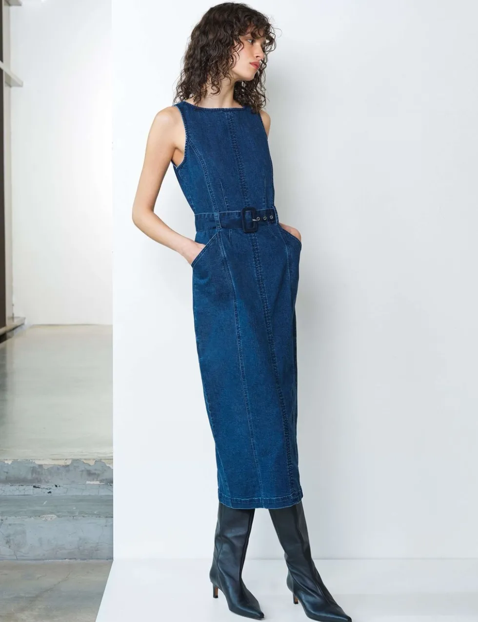 Denim Slash Neck Belted Midi Column Dress