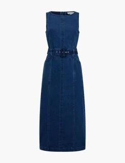 Denim Slash Neck Belted Midi Column Dress