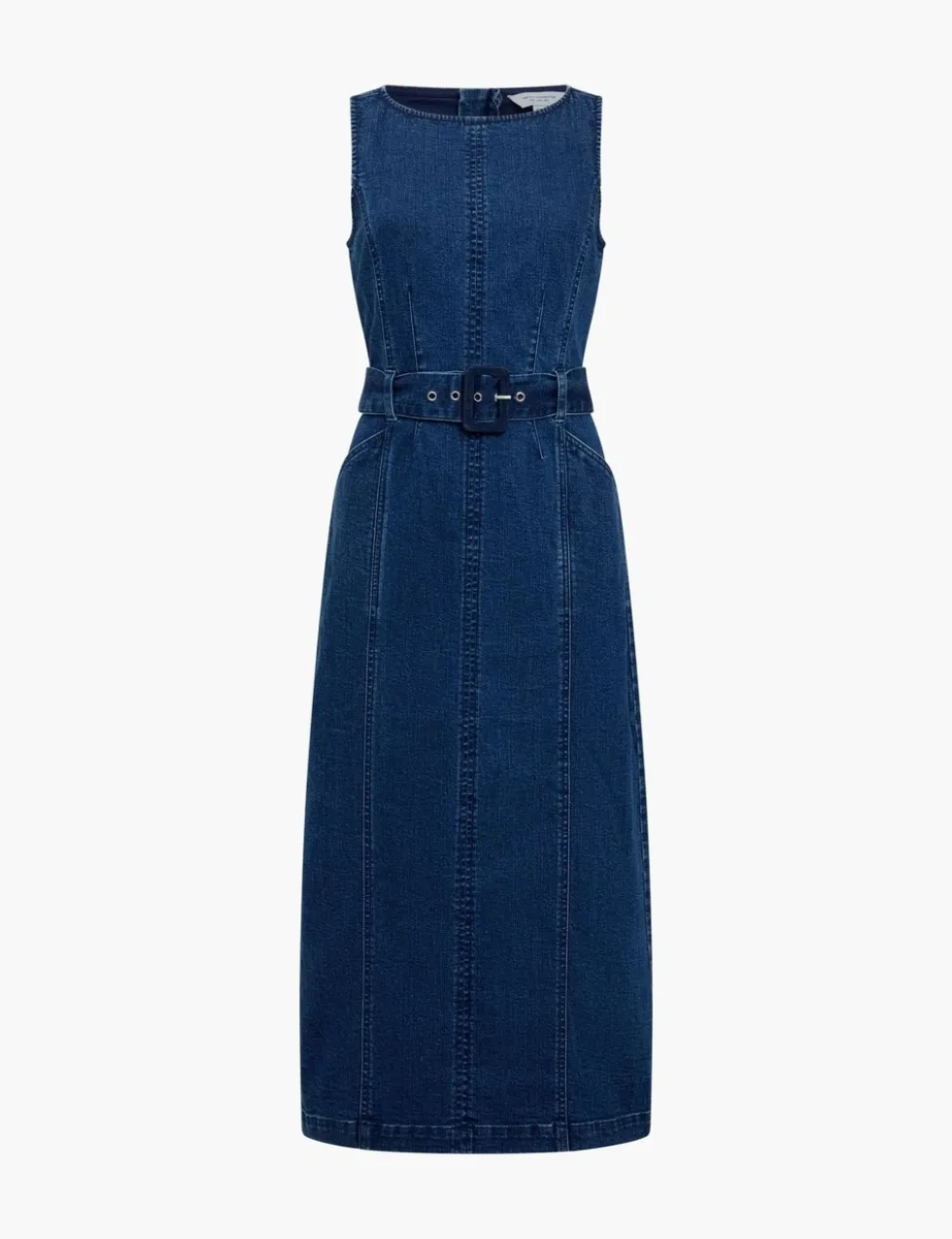 Denim Slash Neck Belted Midi Column Dress