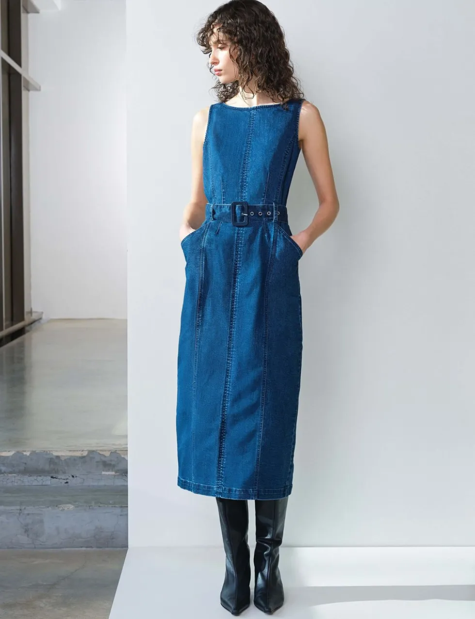 Denim Slash Neck Belted Midi Column Dress