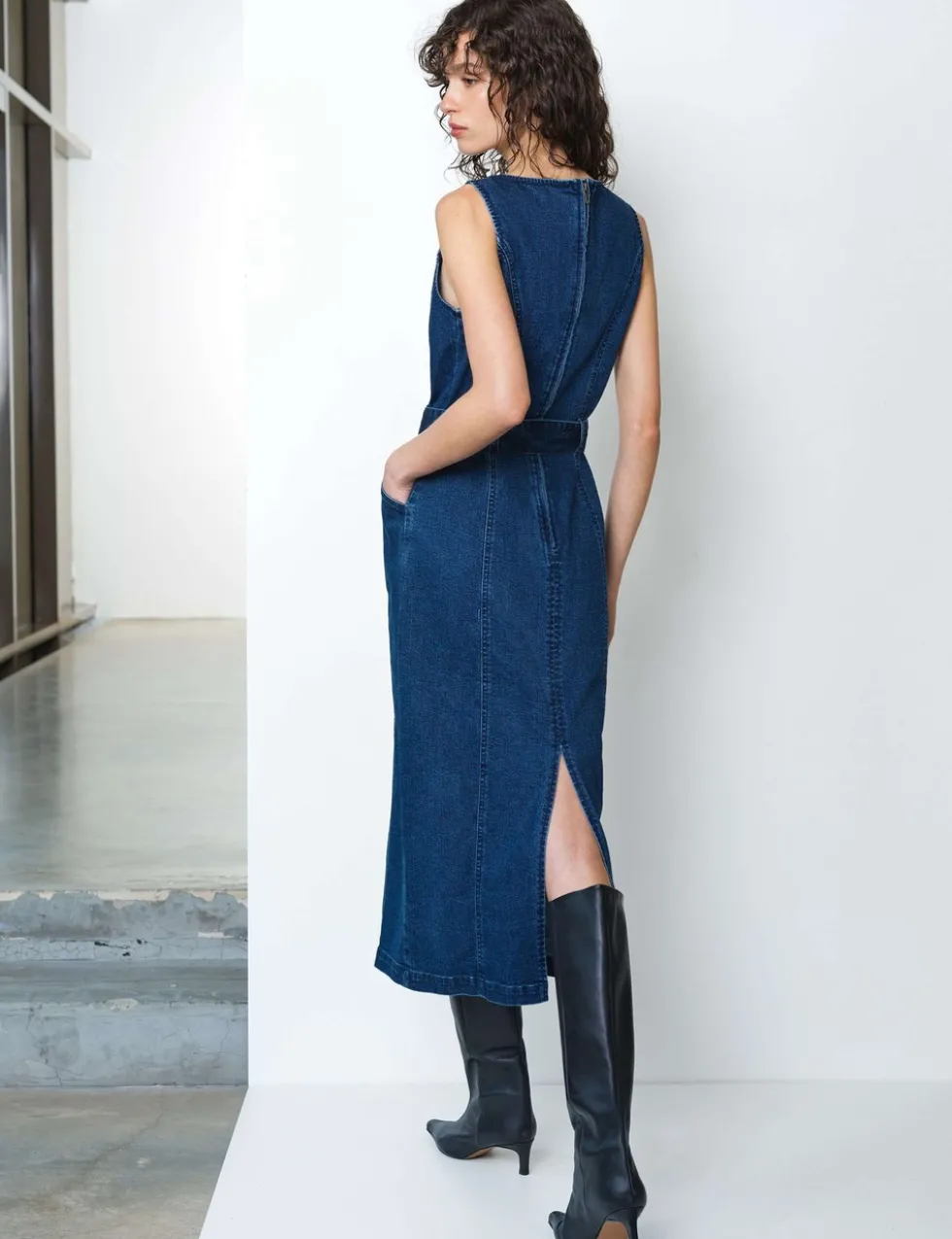 Denim Slash Neck Belted Midi Column Dress